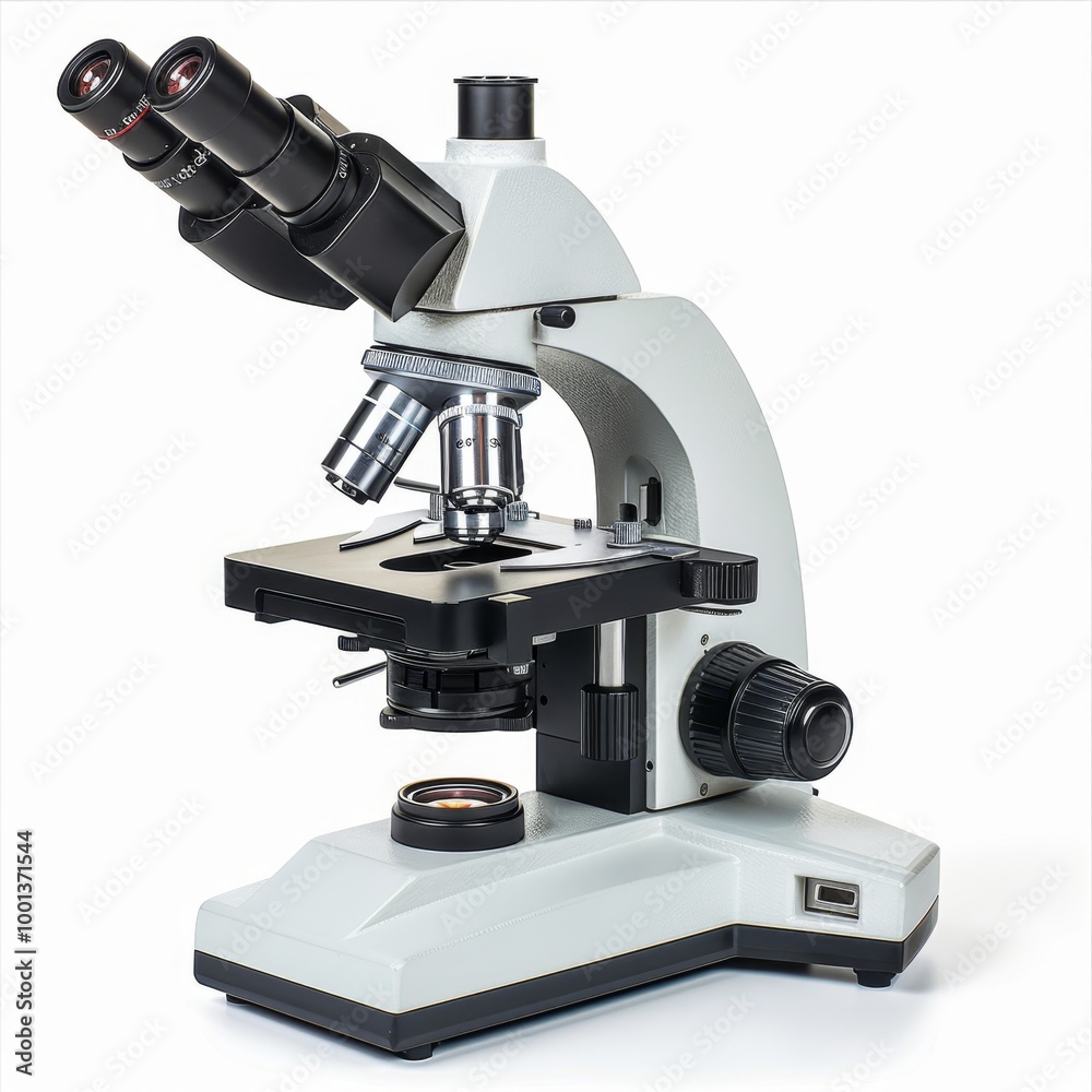 Photograph of a microscope, magnifying small wonders, isolated on a white background Photograph of a microscope, magnifying small wonders, isolated on a white background