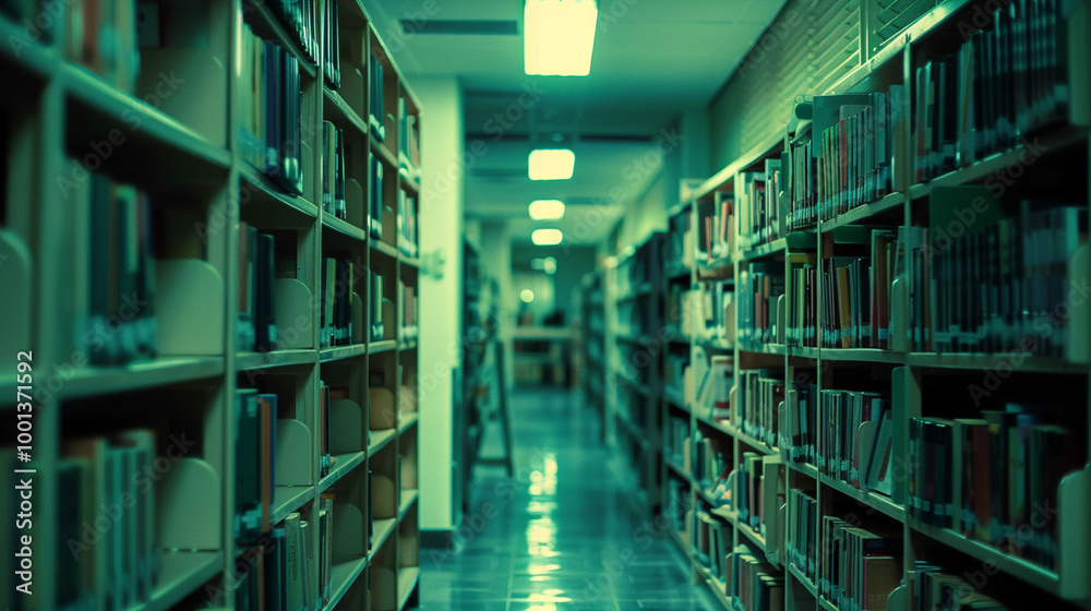 A medium close-up of an empty library aisle, with neatly arranged books on the shelves and a warm reading light glowing softly in the distance. A medium close-up of an empty library aisle, with neatly arranged books on the shelves and a warm reading light glowing softly in the distance.