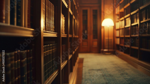 A medium close-up of an empty library aisle, with neatly arranged books on the shelves and a warm reading light glowing softly in the distance. photo