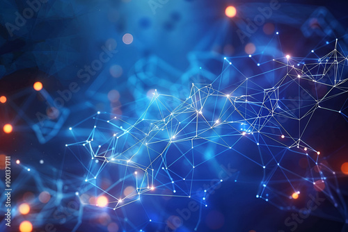 Abstract glowing nodes connected by lines, symbolizing digital networks, data transmission, and advanced technology in a modern virtual world