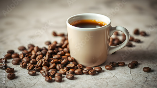 Espresso coffee cup with coffee beans Coffee pause. with copy space image. Generative AI