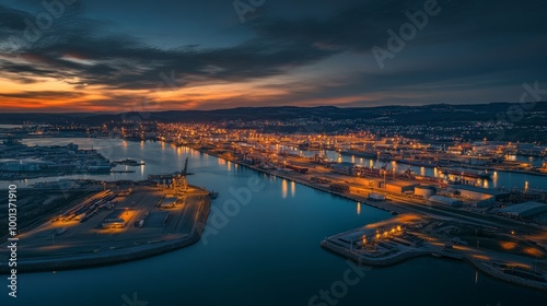 A stunning aerial view of a port illuminated at dusk, showcasing vibrant lights reflecting on water with cranes and cargo containers. photo