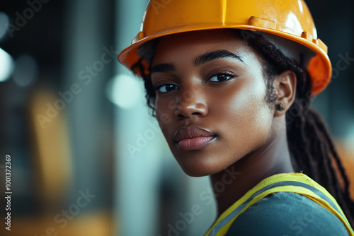 Professional Heavy Industry Engineer Worker Wearing Safety Uniform and Hard Hat. Serious Successful Female Industrial Specialist Standing in a Metal Manufacture Warehouse