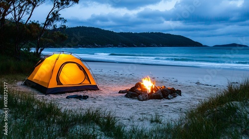 Camping Under Stars with Campfire on Beach