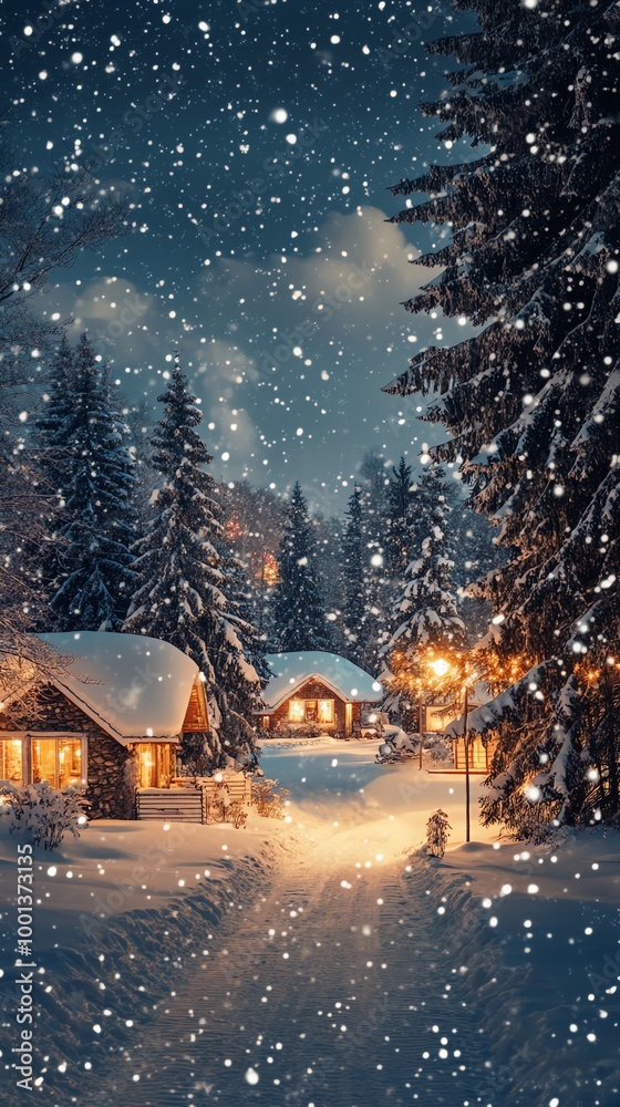 Fototapeta premium Cozy cabins with warm lights and snowfall in a snowy forest at night.