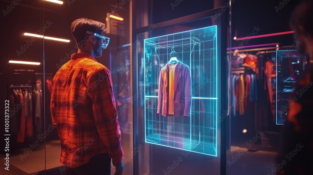 A person observes a stylish garment displayed in a futuristic holographic showcase, blending technology with fashion in a sleek, modern environment.