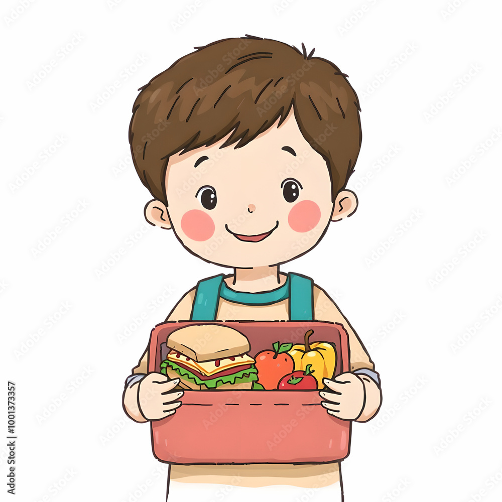Boy with Healthy Lunchbox: Sandwich and Fresh Fruits Boy with Healthy Lunchbox: Sandwich and Fresh Fruits