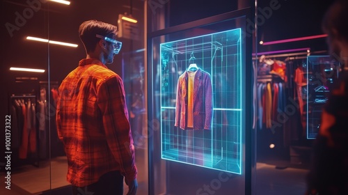 Obraz na płótnie A person observes a stylish garment displayed in a futuristic holographic showcase, blending technology with fashion in a sleek, modern environment. w salonie