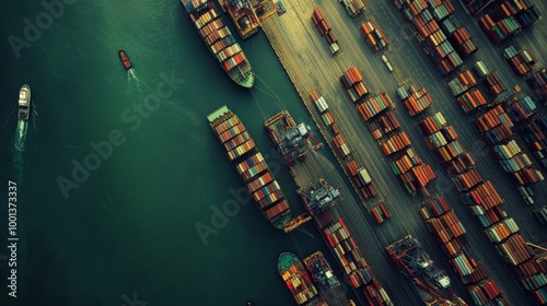 Aerial view of a busy port with numerous shipping containers, boats, and water, showcasing maritime logistics and trade. photo