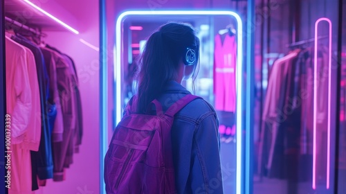 A person in a stylish outfit, wearing headphones, stands in a vibrant, neon-lit clothing store, surrounded by colorful apparel.
