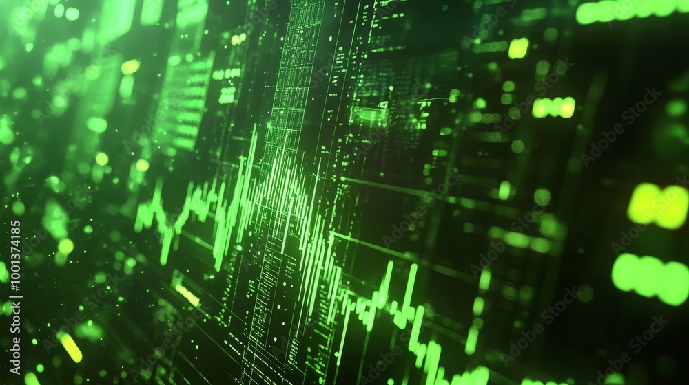 Abstract digital display featuring green waveforms and data patterns, conveying a high-tech, futuristic environment.