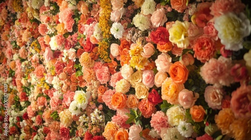 Floral Tapestry: A vibrant wall of assorted flowers in warm, sunset hues. Perfect for backgrounds, textures, or design elements.