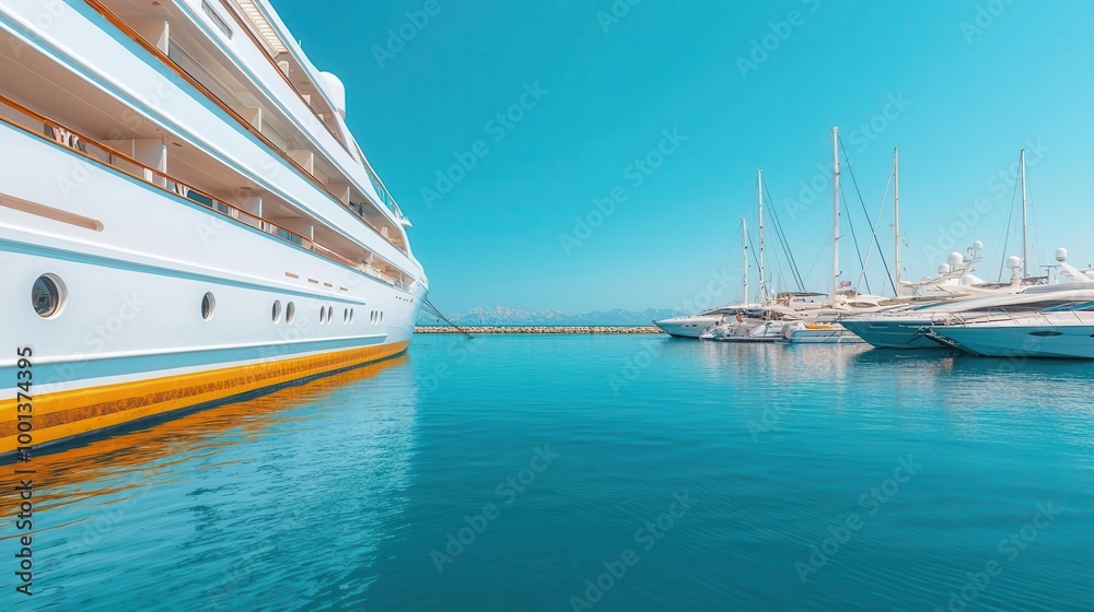 Fototapeta premium Cruise ship docked at a modern marina, surrounded by luxury yachts and contemporary architecture, modern marina, nautical luxury