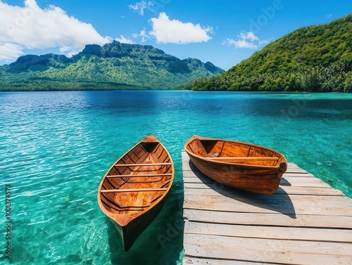 Cruise ship docked at a remote Polynesian island, with traditional outrigger canoes in the water, Polynesian dock, cultural immersion photo