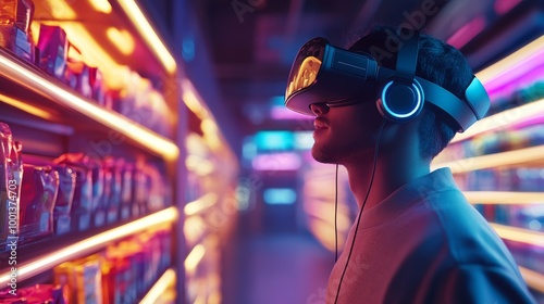 A person wearing VR goggles explores a vibrant, neon-lit space filled with shelves of products, merging technology and shopping experiences.