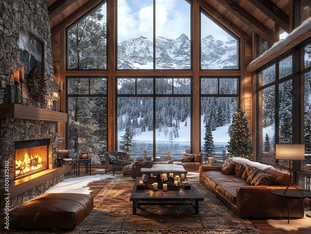 Cozy living room with a fireplace and large windows overlooking a snowy mountain landscape. Cozy living room with a fireplace and large windows overlooking a snowy mountain landscape.