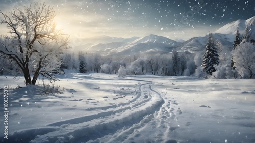 winter landscape in the mountains. winter snowfall background.