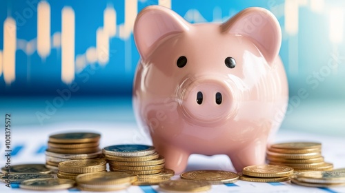 A piggy bank surrounded by coins on a financial graph backdrop, symbolizing saving and investment growth. photo