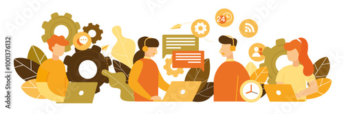 Call center, Customer service, hotline operators with headsets, remote work job computer support customer service helpline headphones listen speak, Online technical support 24 h, Vector illustration.