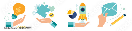 Hands with icons for business and launch new creative ideas. startup icons web site flat vector illustrations with hand Brain activity abstract