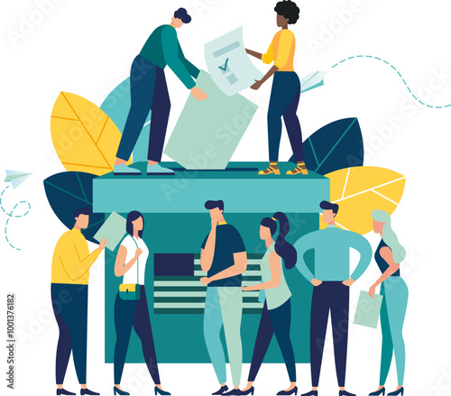 election campaign, group of voters in queue at polling station vote make decision and put paper ballot in ballot box. democracy government people's choice. vector flat illustration fair elections