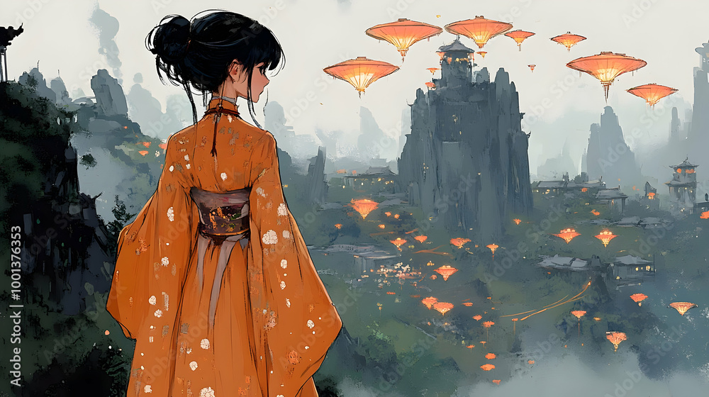 Fototapeta premium Woman in Kimono Gazes at Floating Lanterns Above Cityscape