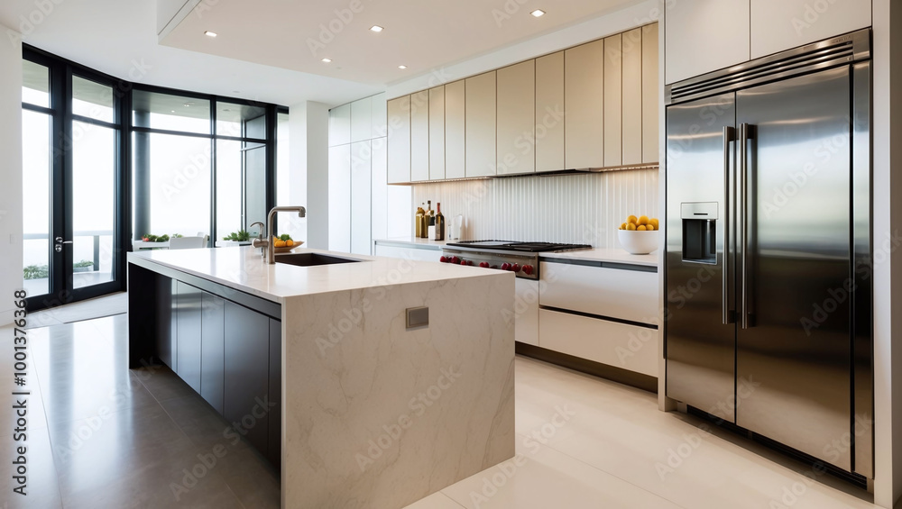 Elegant Modern Kitchen: Marble Island and High-End Appliances with Panoramic View