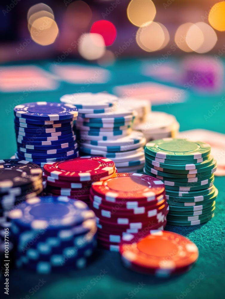 A vibrant casino table filled with colorful stacks of poker chips inviting players for an exciting game late at night. Generative AI A vibrant casino table filled with colorful stacks of poker chips inviting players for an exciting game late at night. Generative AI
