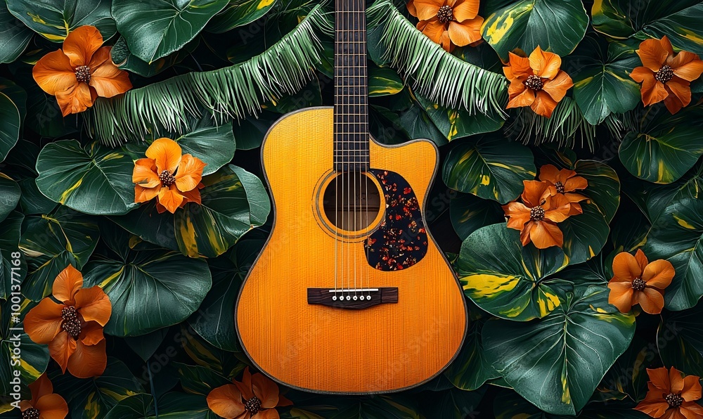 custom made wallpaper toronto digitalVibrant acoustic guitar on sunny yellow background, surrounded by cacti and flowers, perfect for Day of the Dead (Dia De Los Muertos) celebrations and decorations.