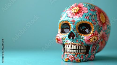 Vibrant sugar skull for Day of the Dead celebrations, featuring colorful floral patterns on a light blue background. Ideal for festive decorations and event promotions.