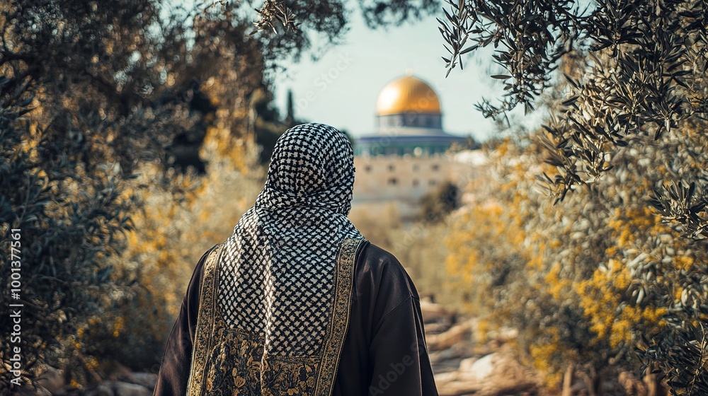 Obraz premium A man in a traditional Palestinian keffiyeh and thobe,