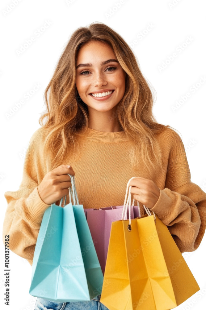 A woman is holding three shopping bags, one of which is yellow. on transparent background png A woman is holding three shopping bags, one of which is yellow. on transparent background png