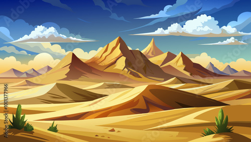 Sand dunes in a desert landscape with mountains in the background under a cloudy sky