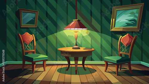 A wooden table with a lamp and two chairs in a dimly lit room with green walls