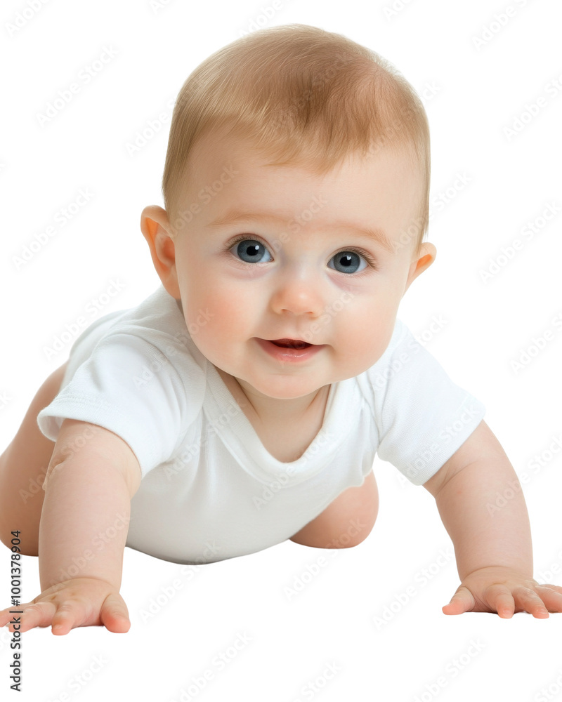 A baby is crawling on the floor and smiling. on transparent background png