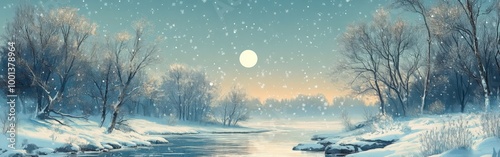 Traditional Chinese watercolor of snowy winter landscape with trees and river