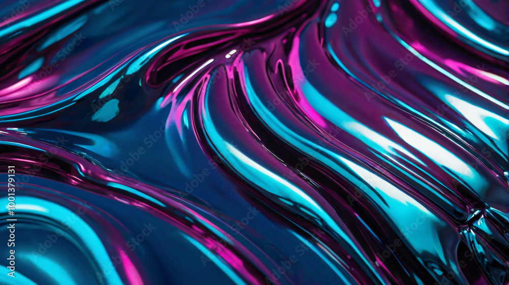 Glossy ripples cascade across a metallic surface, illuminated by bold cyan and magenta hues. Glossy ripples cascade across a metallic surface, illuminated by bold cyan and magenta hues.