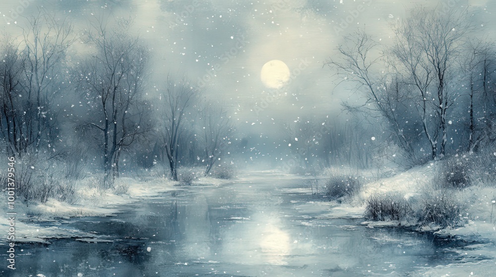 Traditional Chinese watercolor of snowy winter landscape with trees and river Traditional Chinese watercolor of snowy winter landscape with trees and river