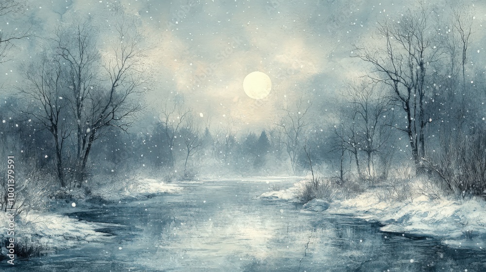 Traditional Chinese watercolor of snowy winter landscape with trees and river