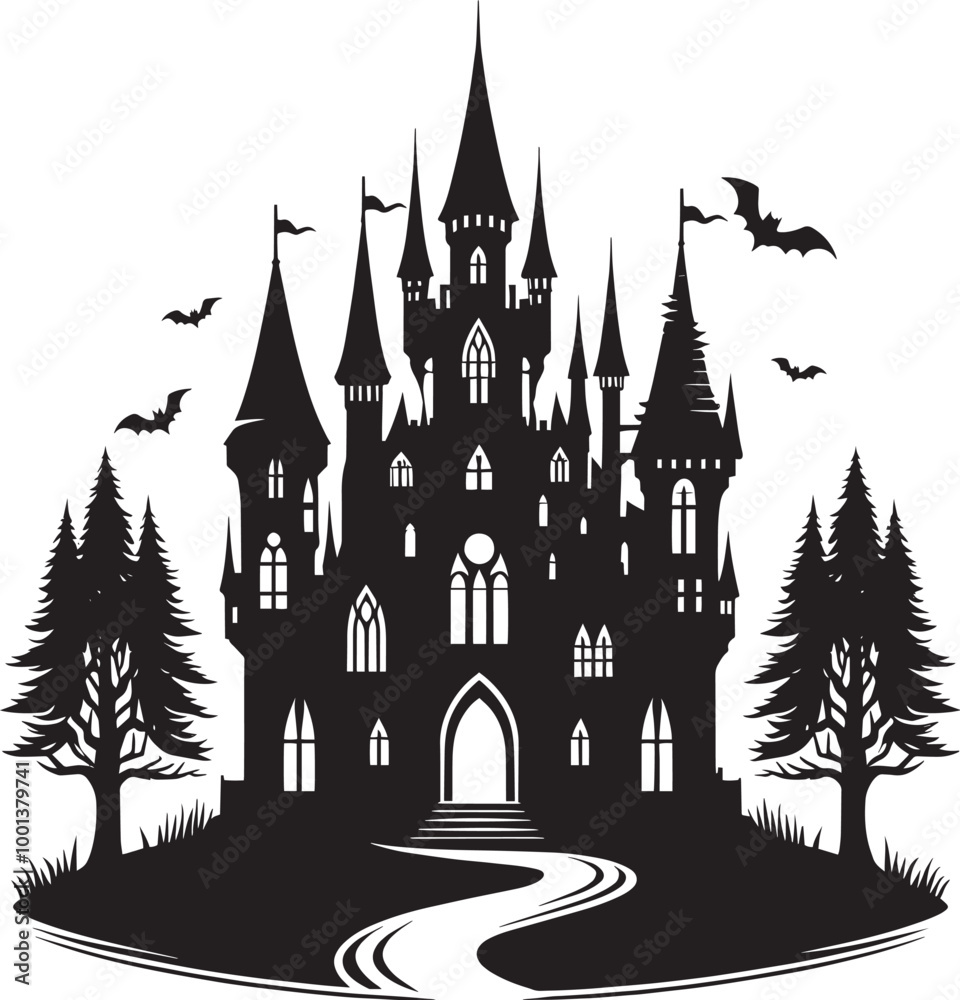 Obraz premium Ancient Haunted Castle silhouette vector illustration isolated on a white background