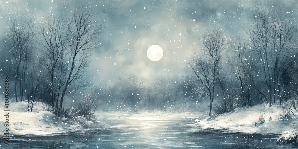 Traditional Chinese watercolor of snowy winter landscape with trees and river Traditional Chinese watercolor of snowy winter landscape with trees and river