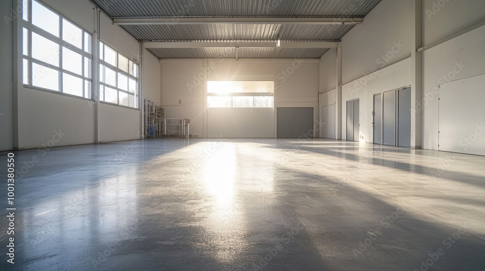 Industrial area with a smooth epoxy resin floor, bright and open space, suitable for a workshop or warehouse. Newly renovated and ready for use. Industrial area with a smooth epoxy resin floor, bright and open space, suitable for a workshop or warehouse. Newly renovated and ready for use.