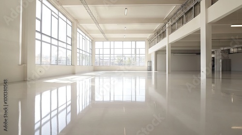 Industrial area with a smooth epoxy resin floor, bright and open space, suitable for a workshop or warehouse. Newly renovated and ready for use.