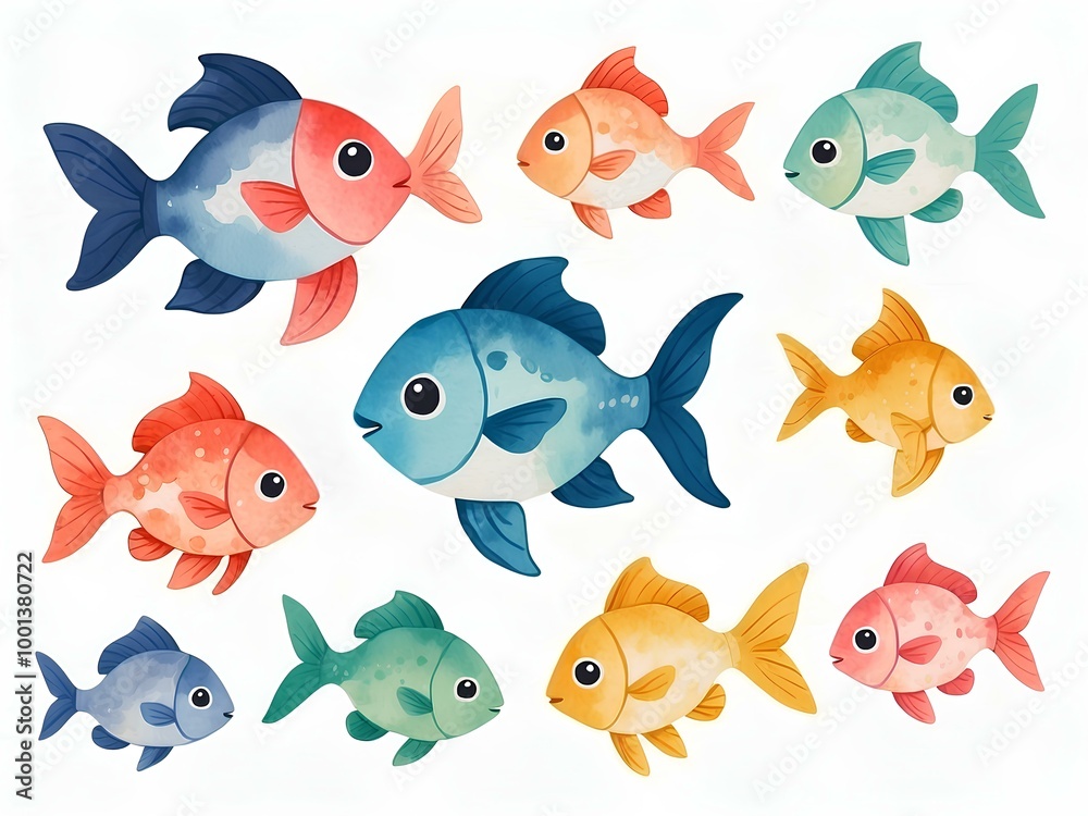Watercolor Fish, cute little fish, fishes clipart, Nursery wall art, underwater theme, Ocean, sea animals, birthday undersea theme, white background Watercolor Fish, cute little fish, fishes clipart, Nursery wall art, underwater theme, Ocean, sea animals, birthday undersea theme, white background