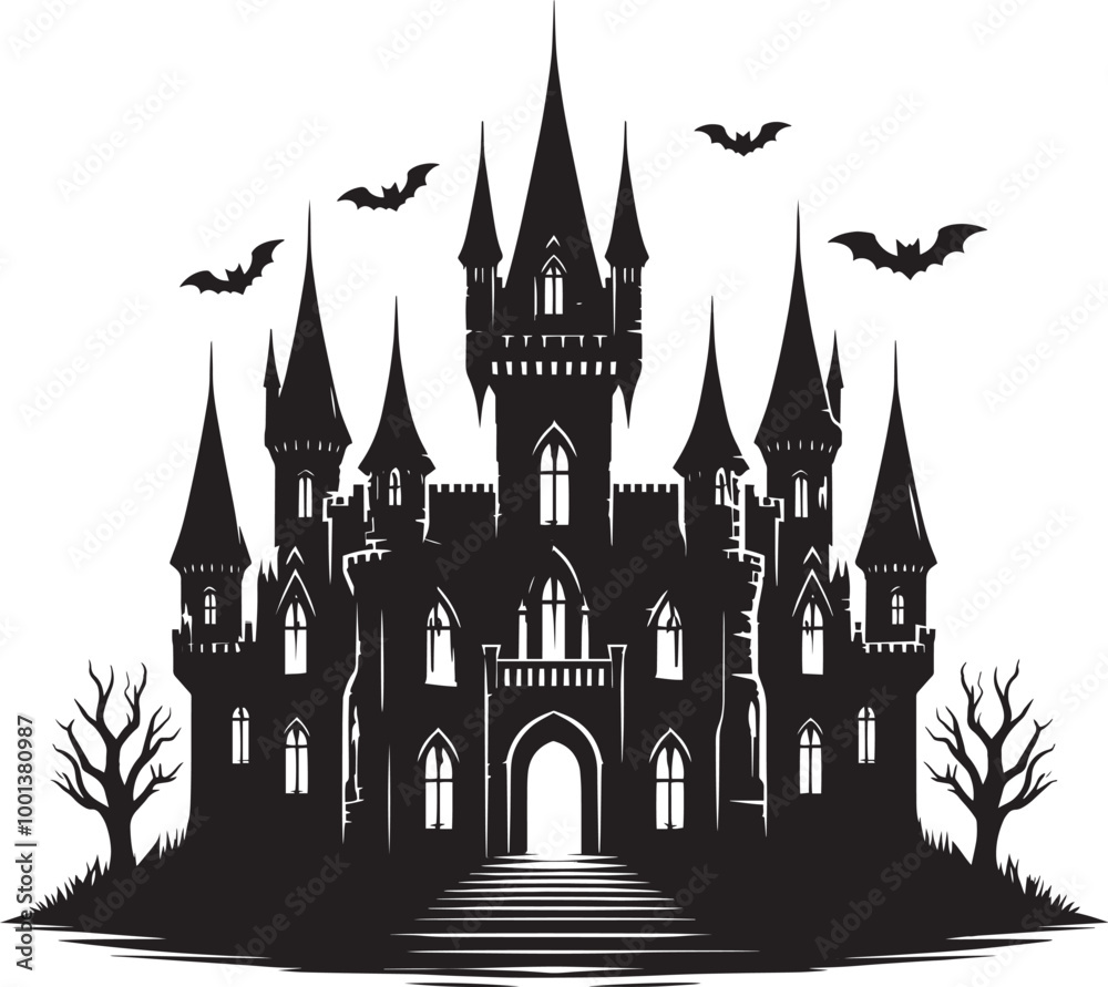 Fototapeta premium Ancient Haunted Castle silhouette vector illustration isolated on a white background