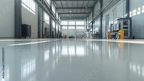 Industrial area with a smooth epoxy resin floor, bright and open space, suitable for a workshop or warehouse. Newly renovated and ready for use. photo