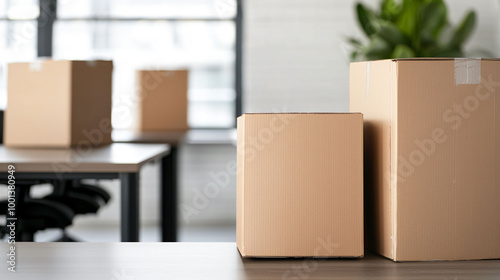 New office space featuring aligned desks and unopened cardboard boxes, creating atmosphere of anticipation and organization