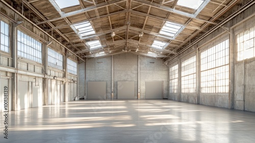 Industrial warehouse hall with high ceilings, transformed into a versatile studio space. Clean, open, and empty, with large skylights casting soft shadows on the concrete floor