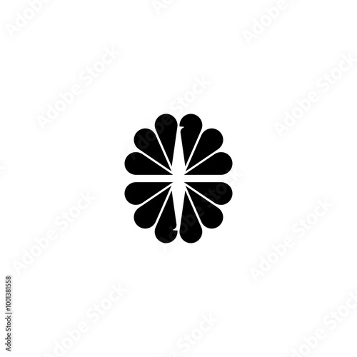 A symmetrical black graphic resembling petals or teardrops.