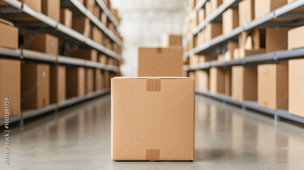 Empty cardboard boxes are neatly arranged on shelves in spacious warehouse, creating sense of organization and readiness for storage or moving